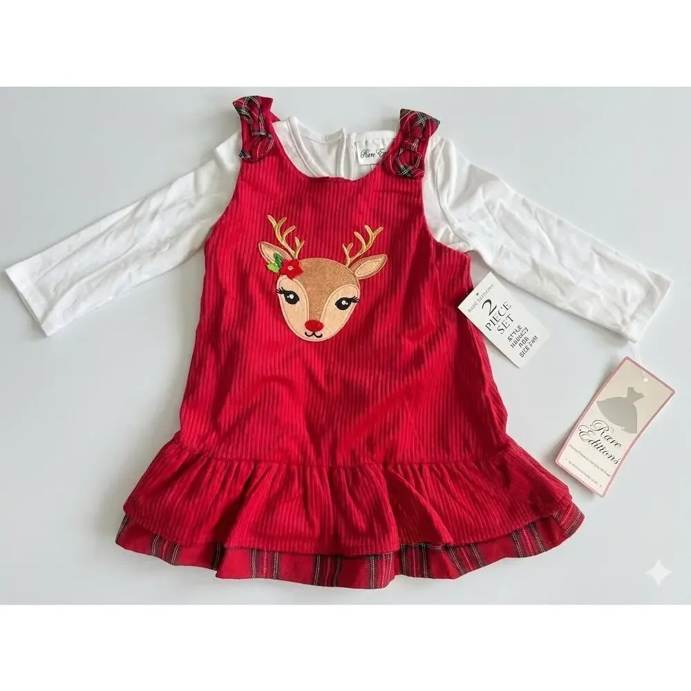 NEW! Rare Editions Reindeer Baby Girls Plaid 2PC Dress Set 24M Red / White